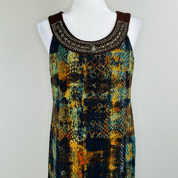 Rabbit Designs Beaded Multicolor Brown Printed Sleeveless Mini Sheath Dress 6/SM - Picture 4 of 15